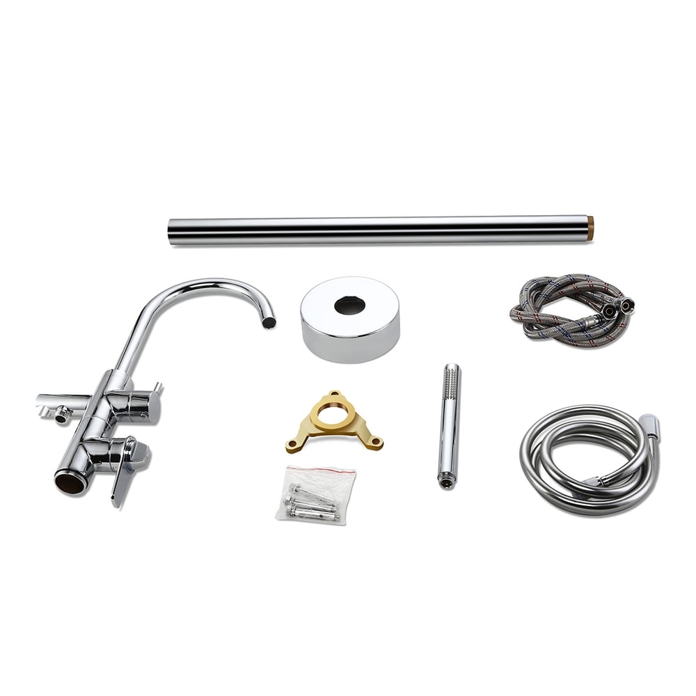 Modern Freestanding Thermostatic Bathtub Faucet High Arc Spout Floor Mount Bathtub Filler with Handshower Polished Chrome window image