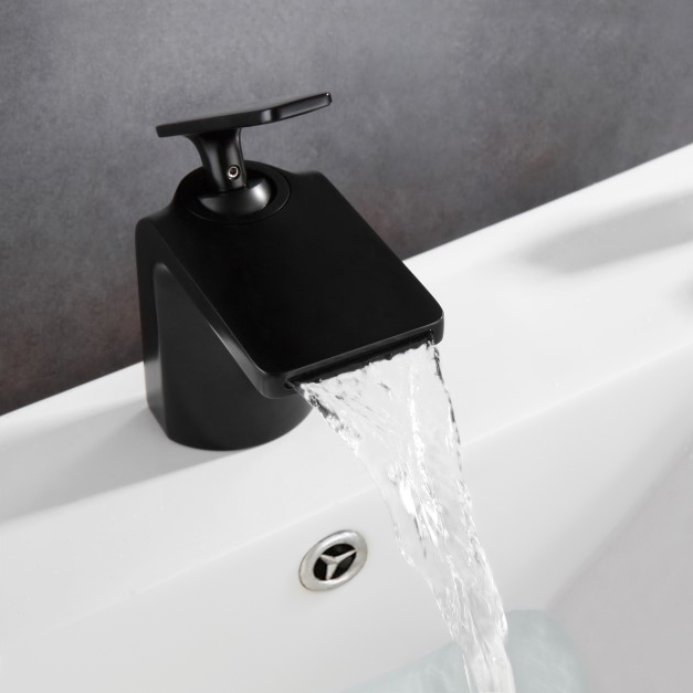 Contemporary Waterfall Bathroom Sink Faucet Single Handle One-Hole Sink Faucet in Matte Black window image