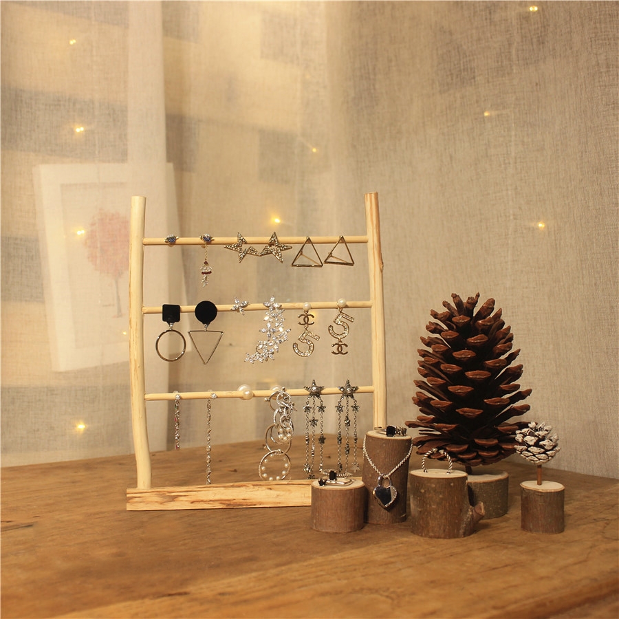 Farmhouse Style Wooden Jewelry Display Stand 3 Tiers Earring Organizer Tabletop Earring Stand window image