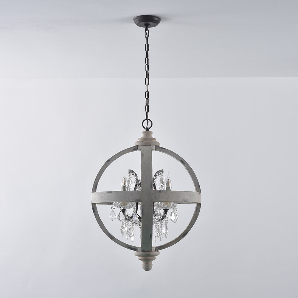 French Country Globe Chandelier 4-Light Wood Orb Crystal Chandelier Antique White window image