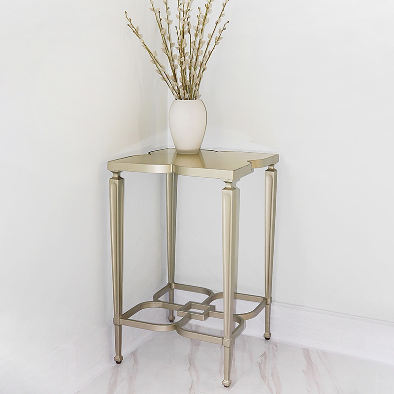 Vintage Wood and Metal Clover End Table Antique Side Table in Champagne window image