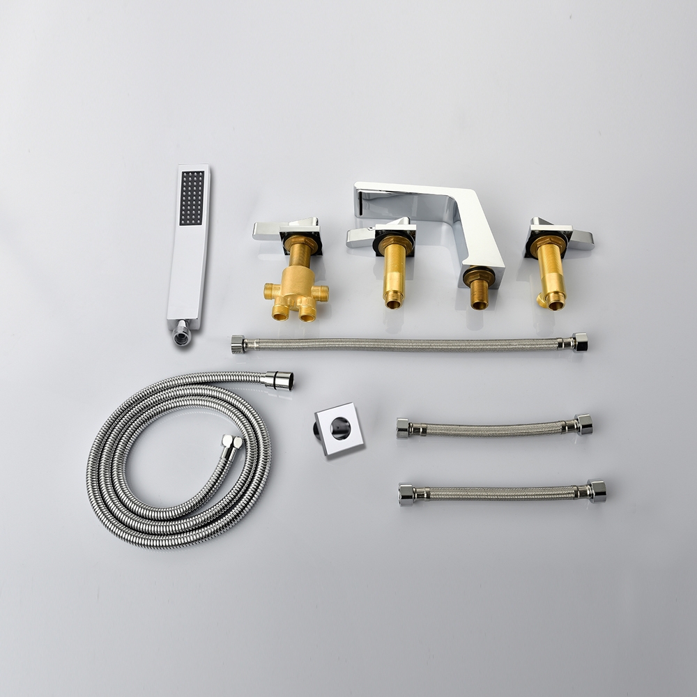 Rosa Deck Mounted Solid Brass Waterfall Roman Tub Faucet with Hand Shower in Polished Chrome window image