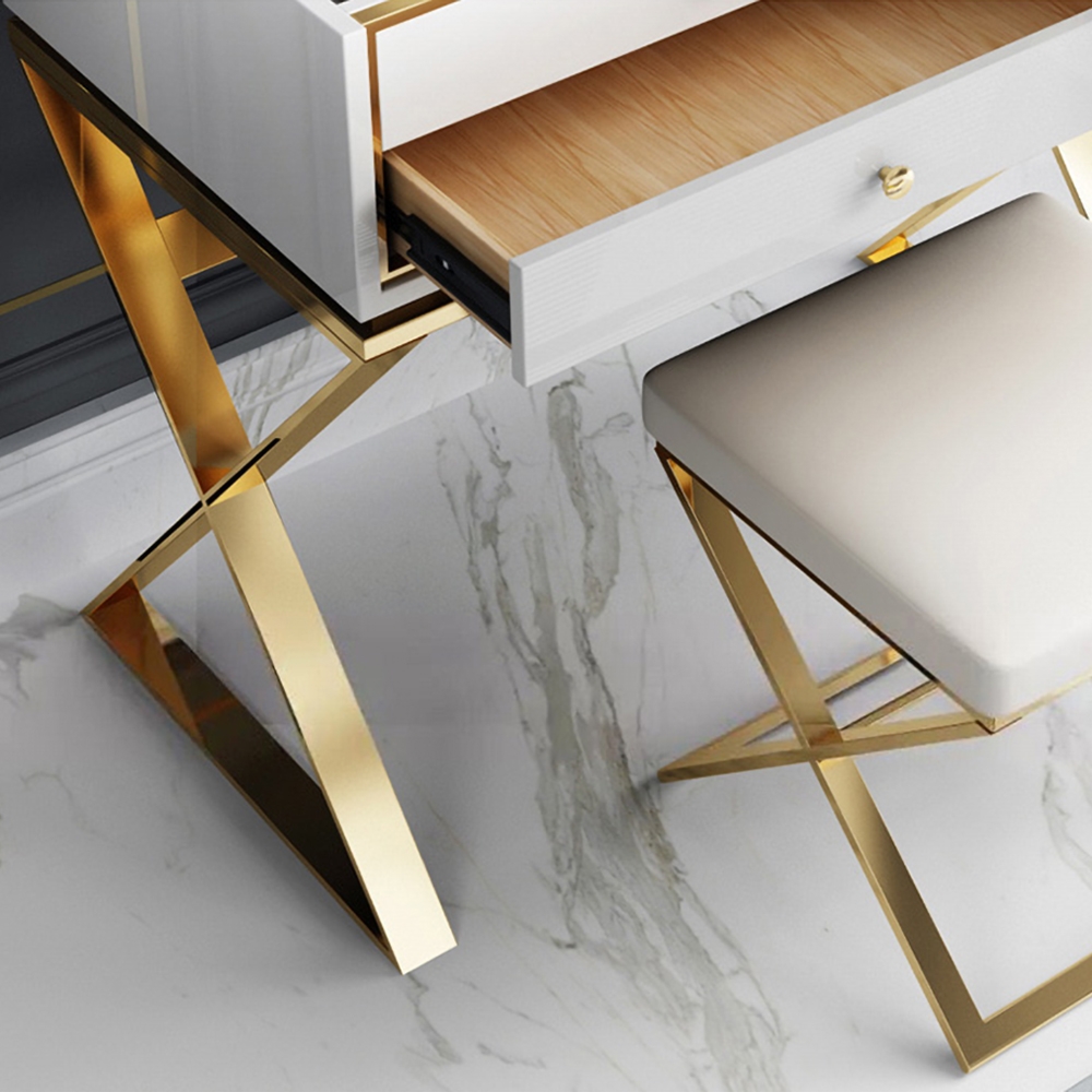 White Makeup Vanity Set Glossy Dressing Table with 2 Drawers in Gold Stool Included window image