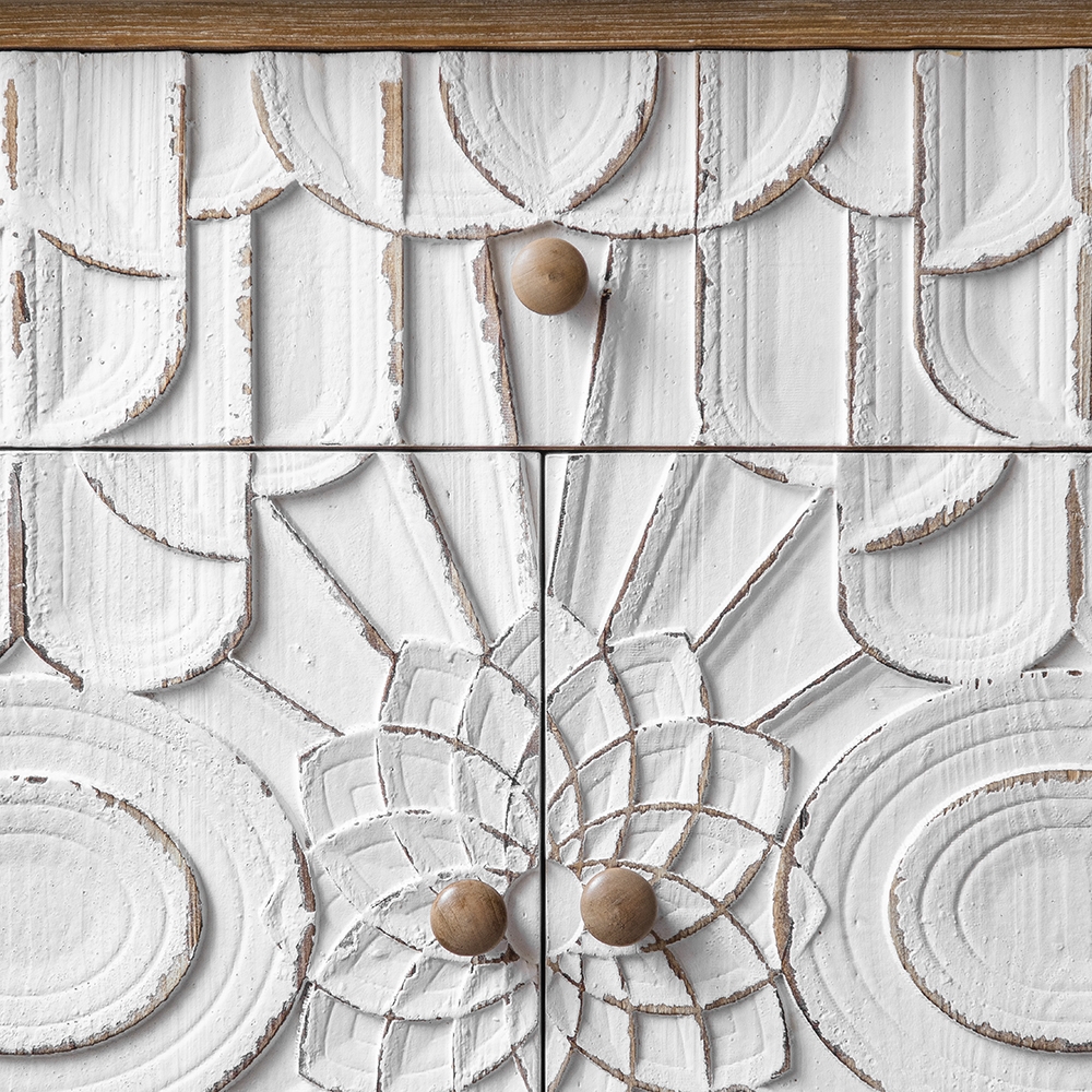 Rustic Distressed White Cabinet Carved Surface with Drawer & Doors window image