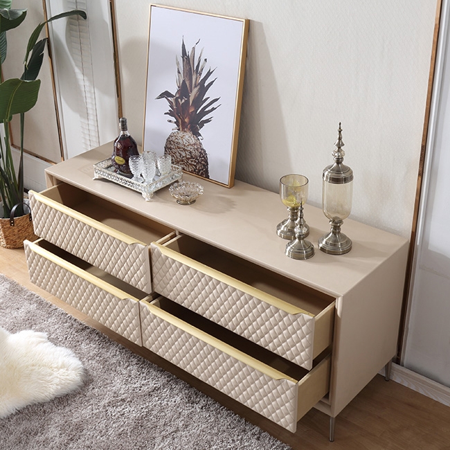 Modern Double Dresser Champagne Accent Cabinet Buffet Cabinet With Storage 4 Drawers Sideboard window image