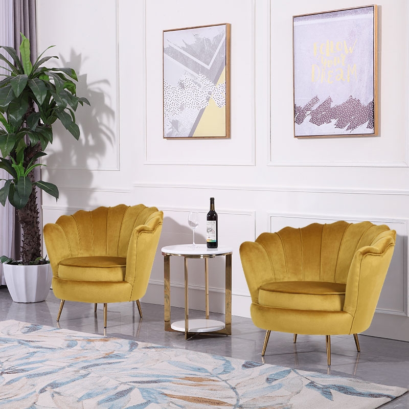 Modern Yellow Velvet Accent Chair Scalloped Barrel Shair Shell Curved Chair Pillow Included window image