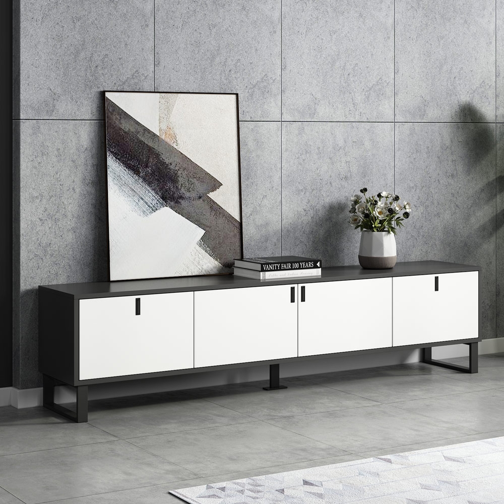 78" White & Gray TV Stand Minimalist Media Console with Doors & Drawers & Shelves window image
