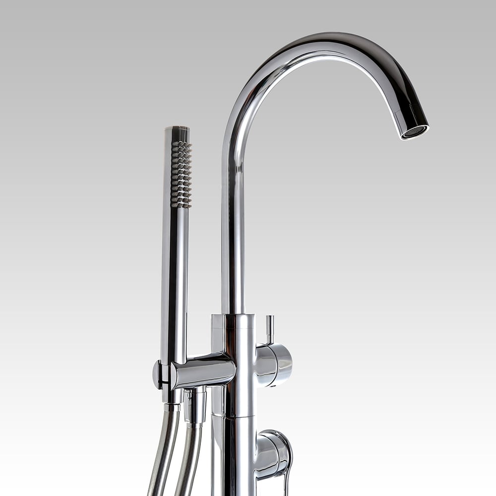 Modern Freestanding Thermostatic Bathtub Faucet High Arc Spout Floor Mount Bathtub Filler with Handshower Polished Chrome window image
