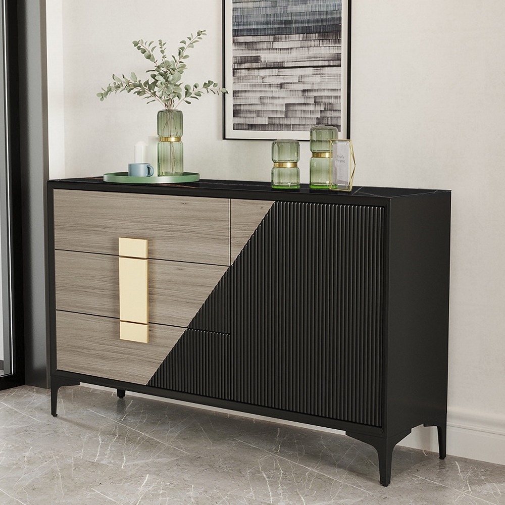 59" Black&Natural Modern Sideboard Buffet with Door&Drawers Sintered Stone Top window image