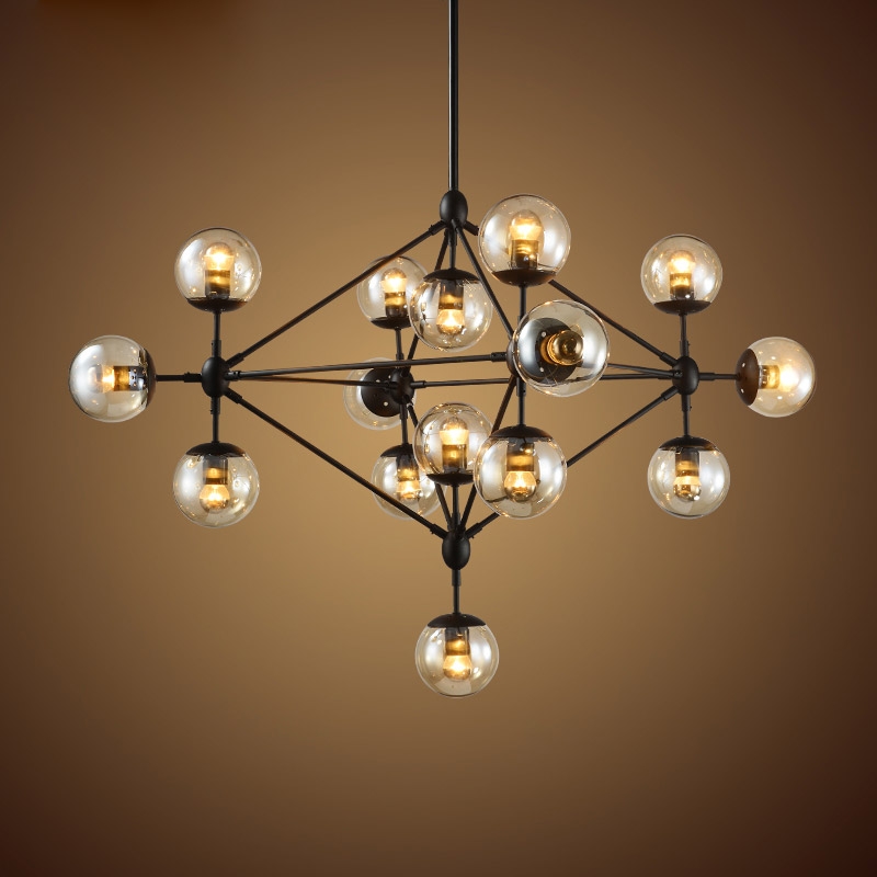 Retro Industrial Loft Multiple Tea Glass Globe Black Iron 15-Light Pendant Light window image