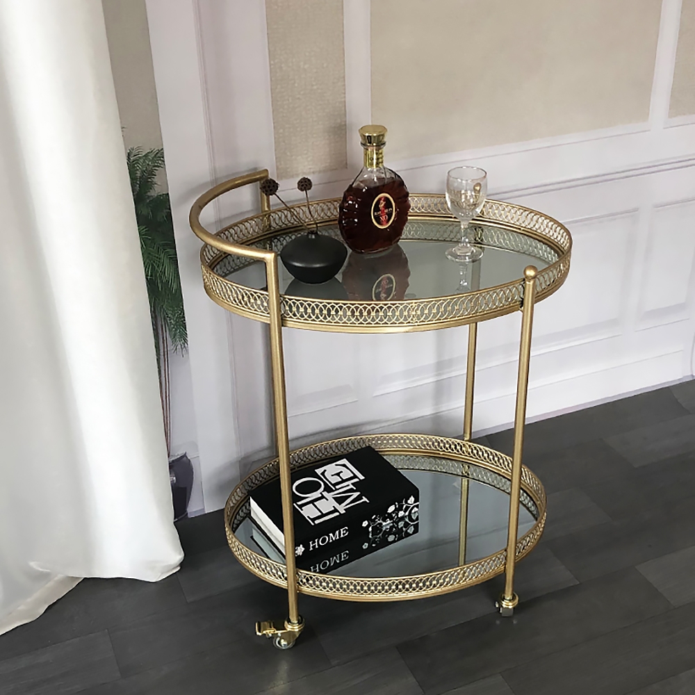 Gouden 23,6 „2-laags ovale rollende serveerbarwagen met handvat gespiegelde planken van gehard glas Vensterafbeelding