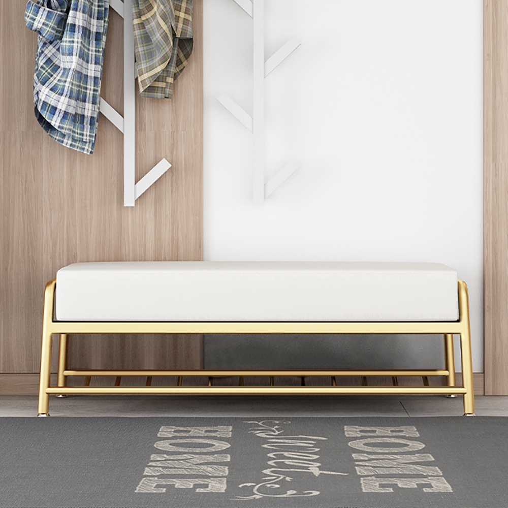 Modern Bench PU Leather Upholstered Shoe Storage with Shelf in Gold window image