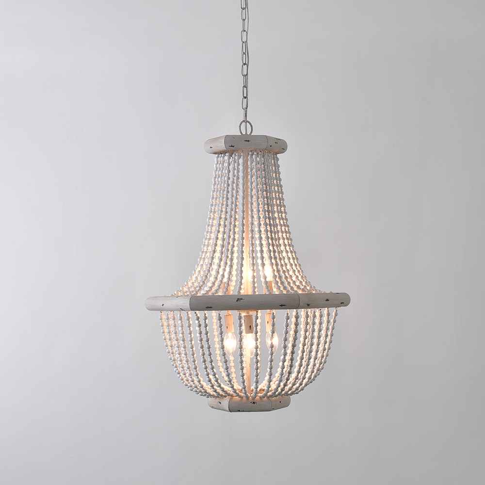 Farmhouse French Country Distressed White Wood Draped Beaded Chandelier Basket 6-Light Ceiling Light window image