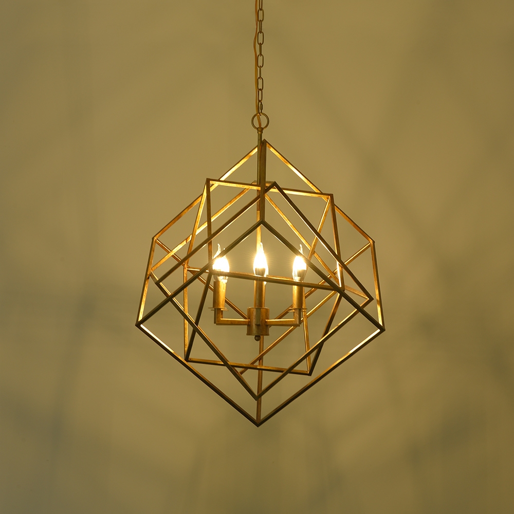 Modern Mid-Century Square Geometric Candle Chandelier 6-Light Antique Gold Ceiling Light window image