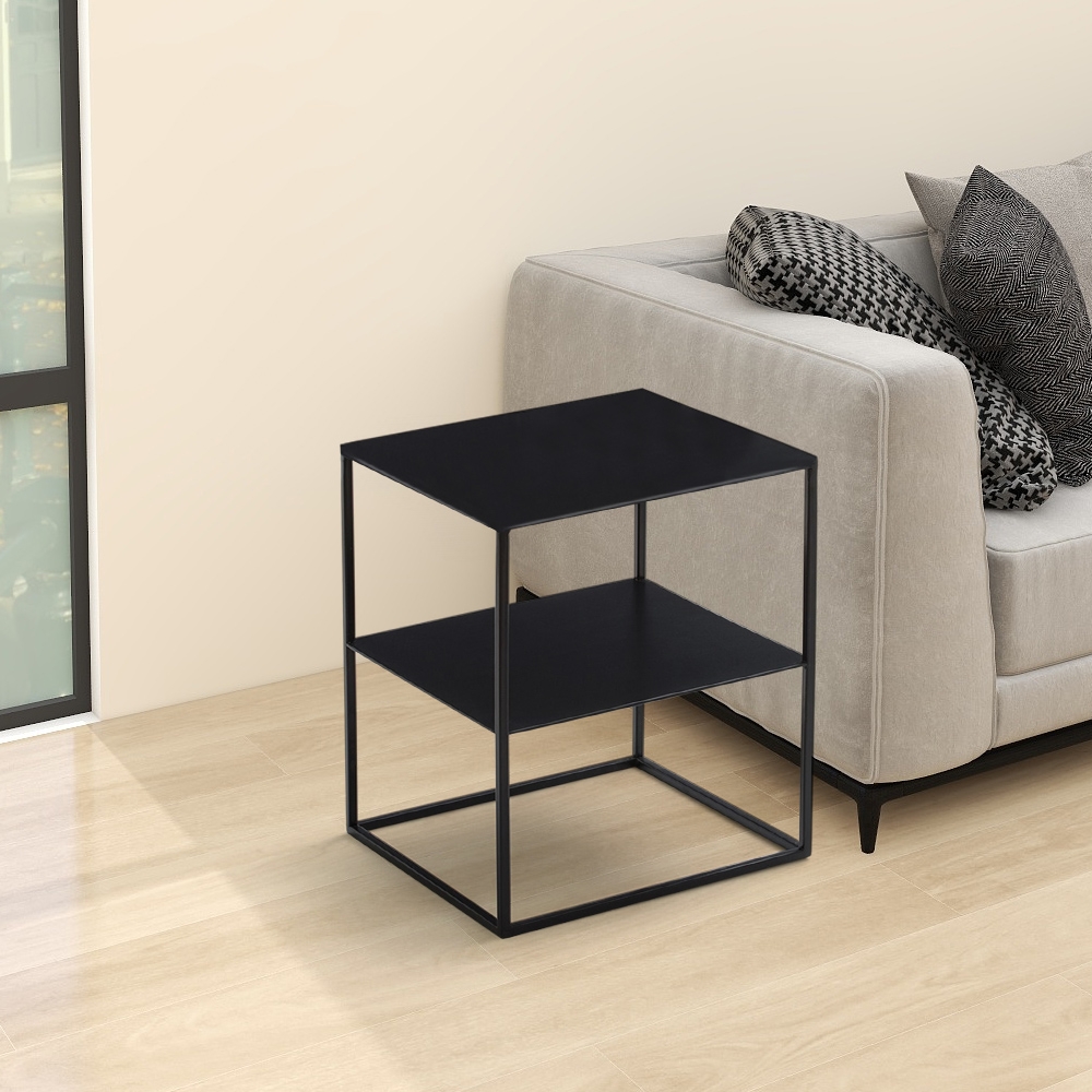 Modern 2-Tiered Black End Table with Storage Side Table Metal window image
