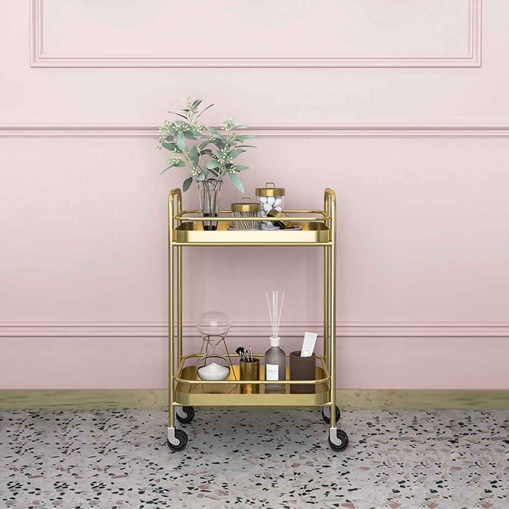 Modern 2-Tier Rolling Bar Serving Cart Metal for Kitchen in Gold window image