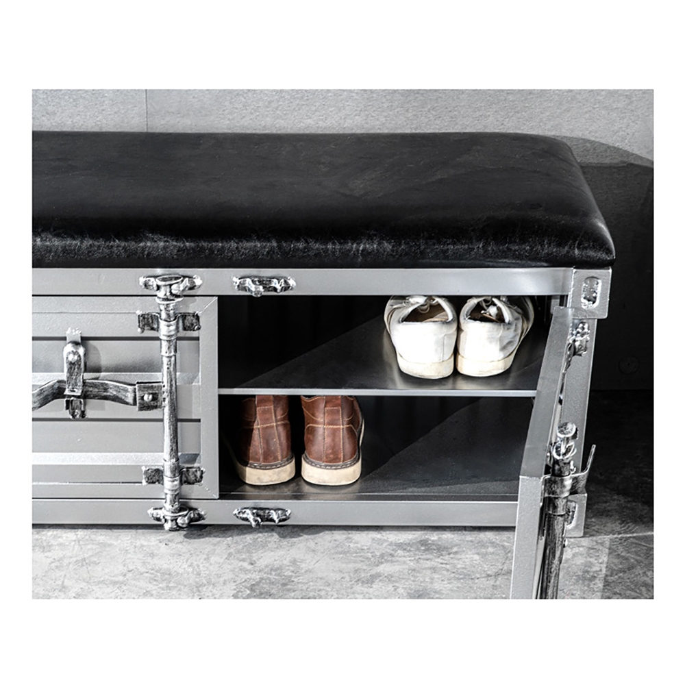 Industrial Cargo Container Style Shoe Storage Upholstered Bench in Silver window image