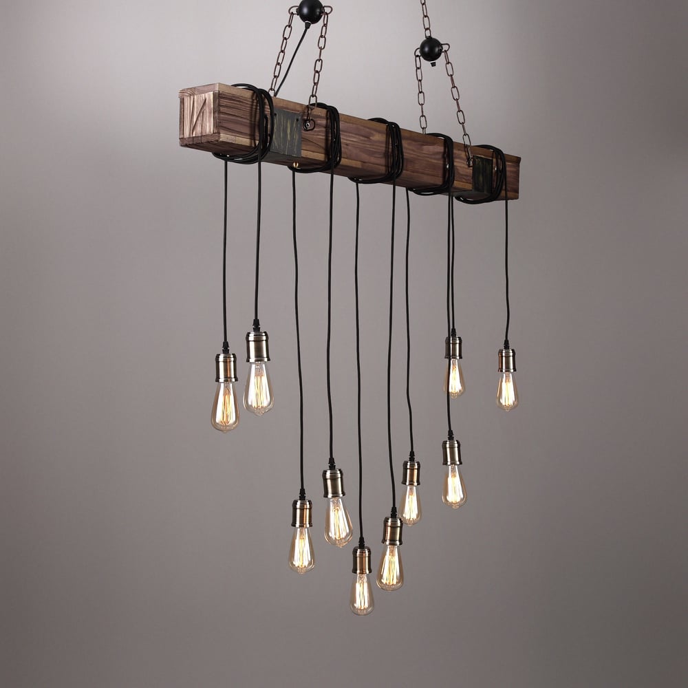 Farmhouse Style Dark Distressed Wood Beam Large Linear Island Pendant Light