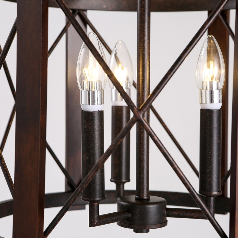 Retro Industrial 3-Light Drum-Shaped Metal & Wood Frame Semi Flush Ceiling Light in Rust window image