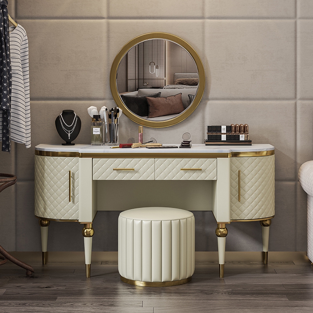Postmodernism White Makeup Vanity Faux Marble Top Upholstered Dressing Table with Storage Stool Included window image
