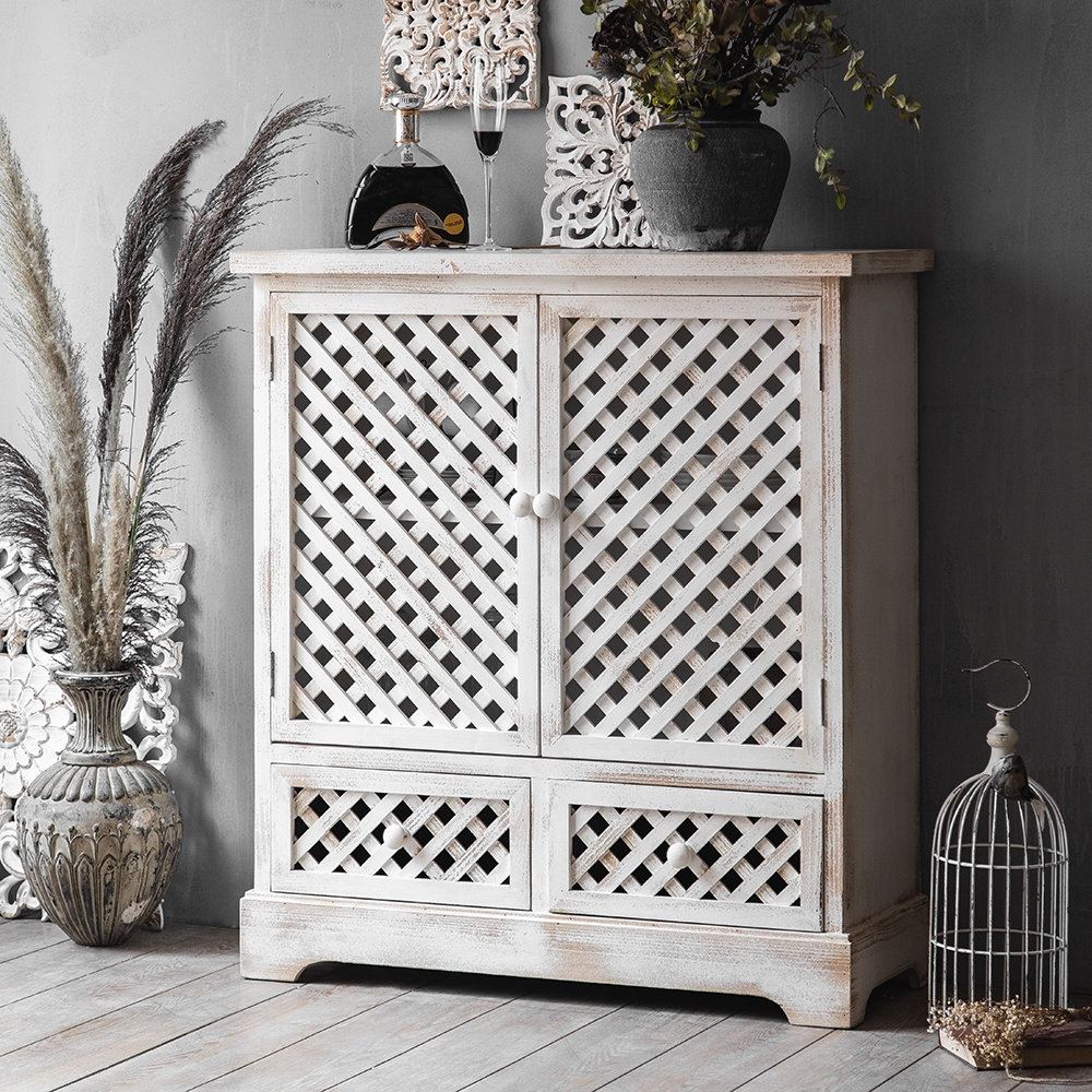 Cottage Distressed White Cabinet Hollowed-Out with Drawers & Shelf & Doors window image