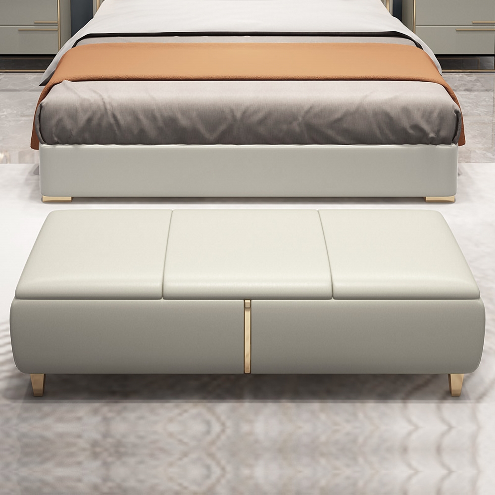 Modern Entryway Bench Beige Faux Leather Upholstered Ottoman Bench for End of Bed window image