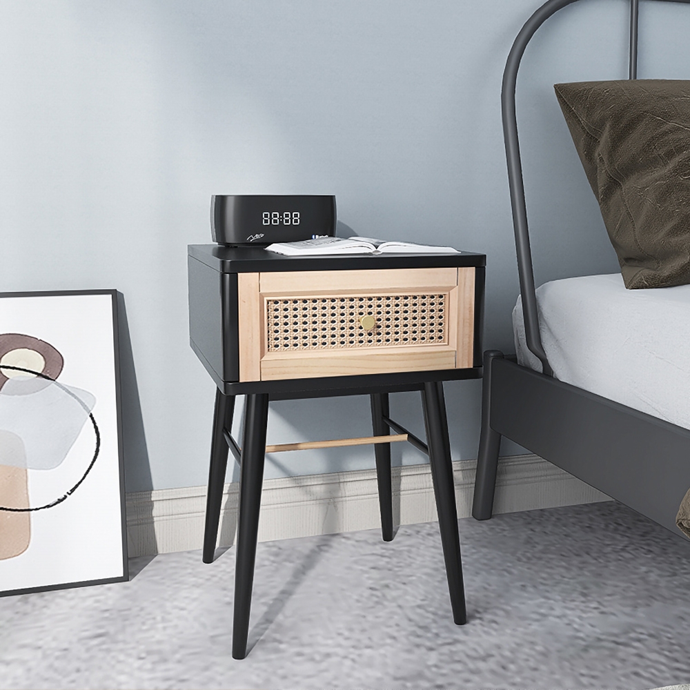 Modern Minimalist Black Nightstand Rattan Bedside Table with 1 Drawer window image