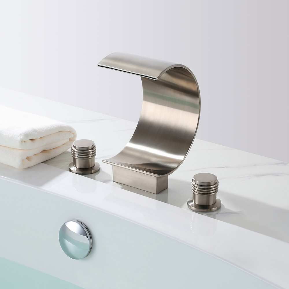 Mooni Contemporary 3-Hole Waterfall Spout Roman Bathtub Filler Tub Faucet in Brushed Nickel Solid Brass window image