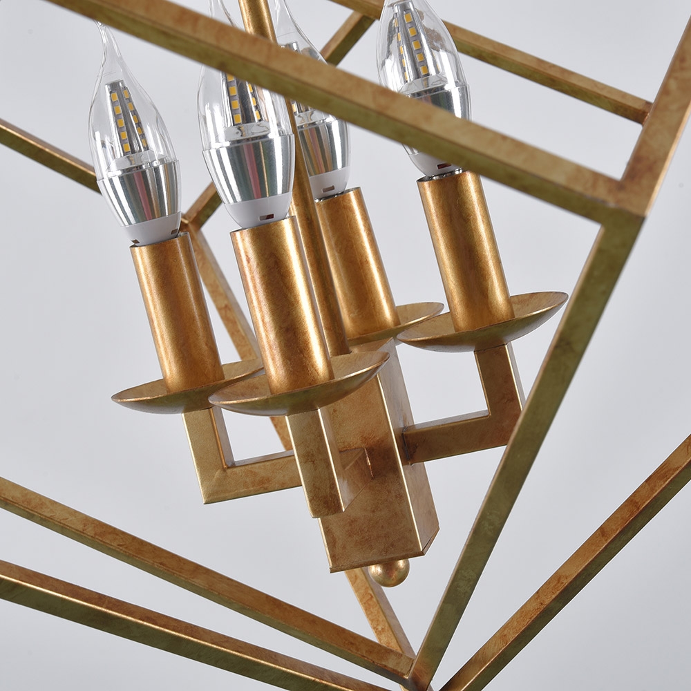 Modern Mid-Century Square Geometric Candle Chandelier 4-Light Antique Gold window image