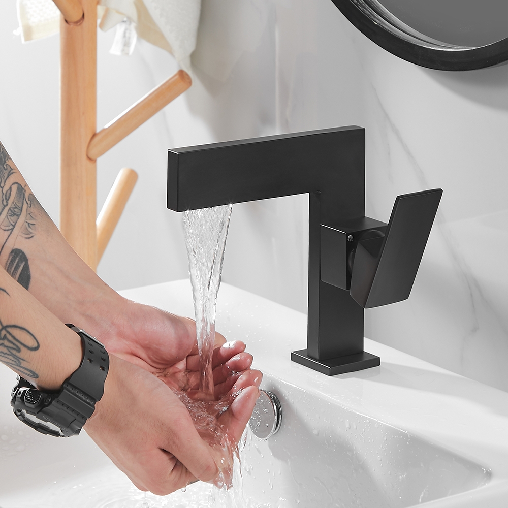 Ultra-Thin Matte Black Single Handle Waterfall Bathroom Sink Faucet Solid Brass 1-Hole window image