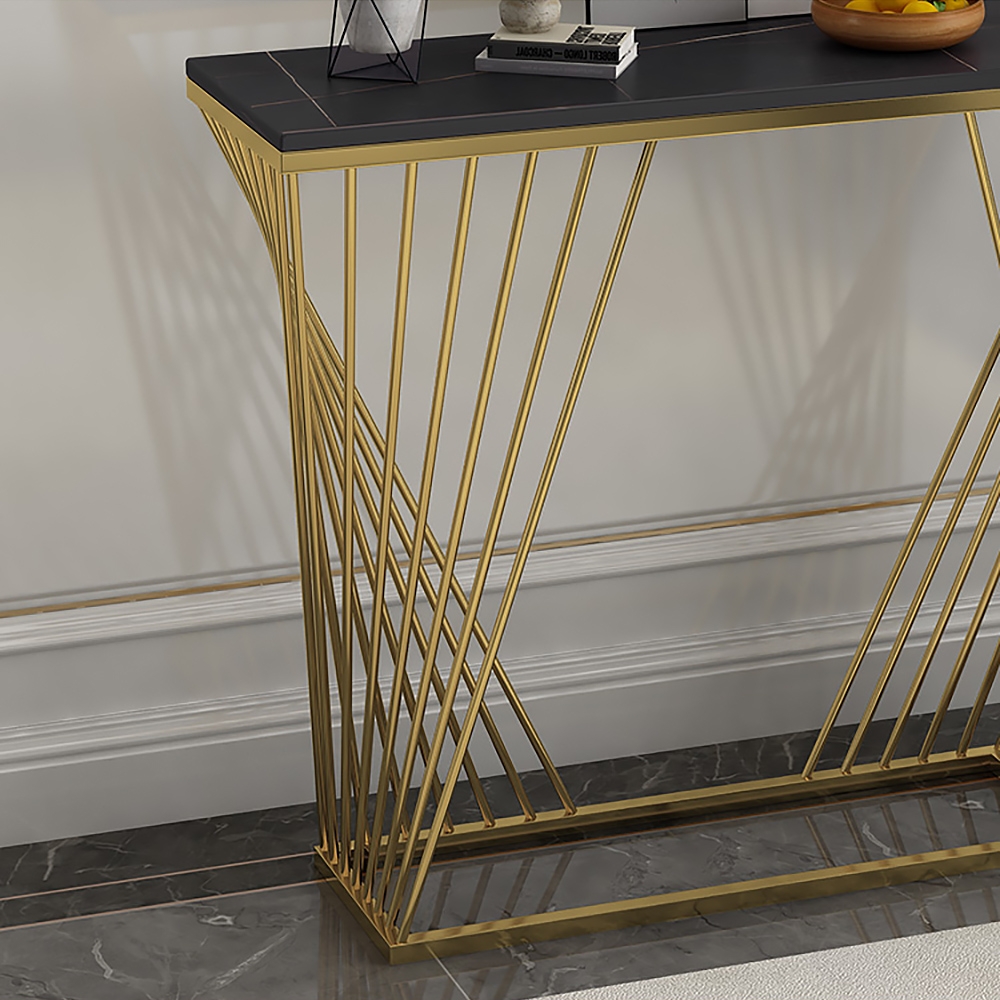 Black Rectangular Narrow Console Table Modern Sintered Stone Accent Table Metal in Gold window image