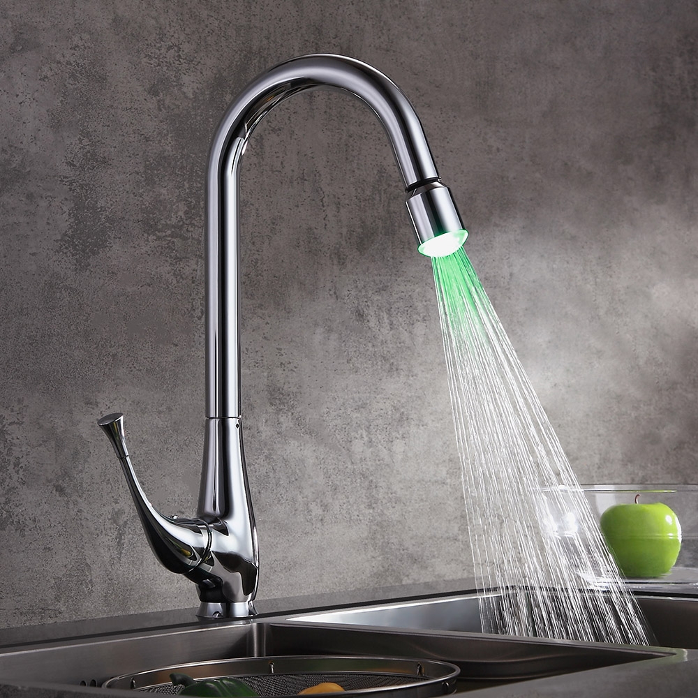 Peko LED Coloré Robinet Mitigeur de Cuisine avec Bec Pivotant Pull-down Arc Haut Levier Simple image de fenêtre