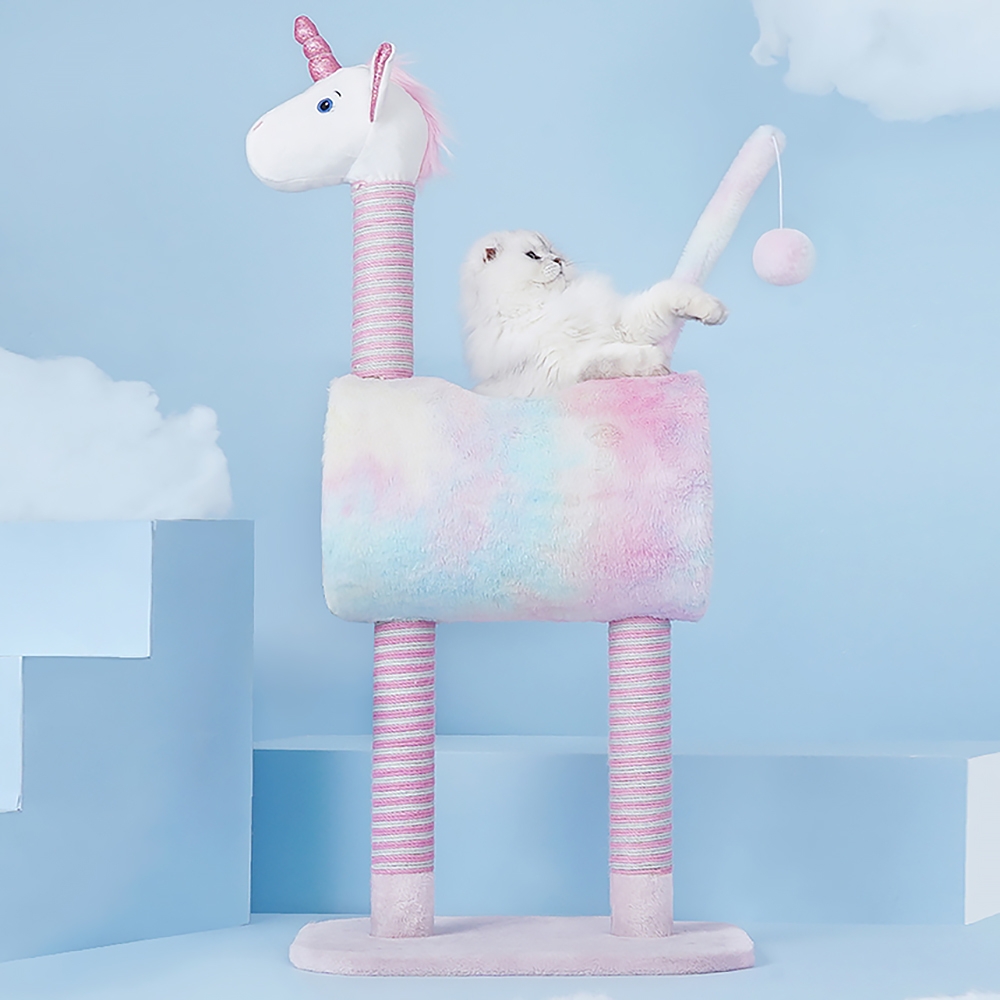 41" Unicorn Cat Tree Tunnel Claw-Scratch Post Sisal Teasing Ball Irridescent window image