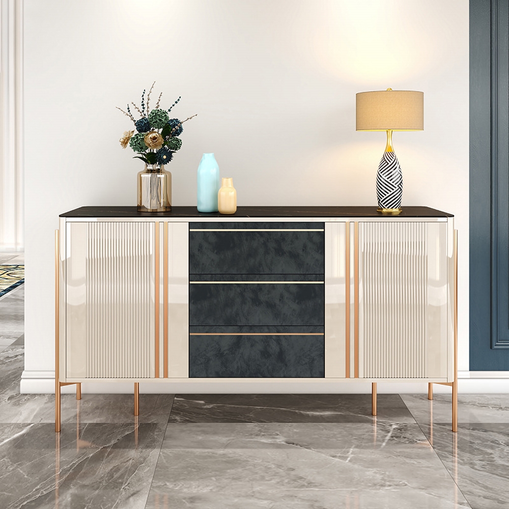 Contemporary White&Black Sideboard Buffet 3 Velvet Upholstery Drawers & 2 Doors and Shelves window image