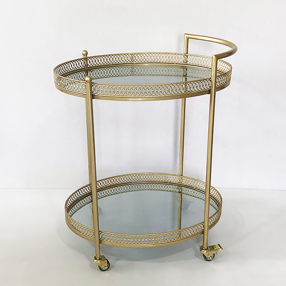 Gouden 23,6 „2-laags ovale rollende serveerbarwagen met handvat gespiegelde planken van gehard glas Vensterafbeelding