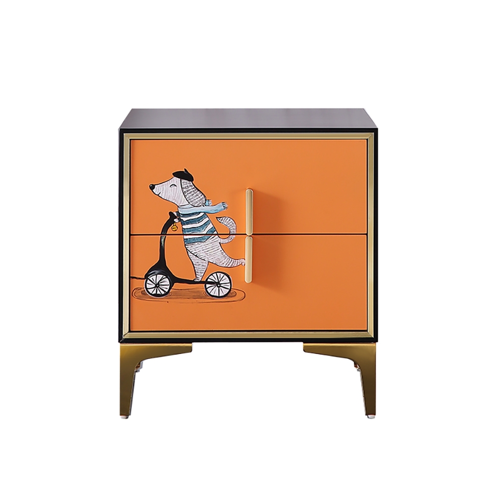 Orange & Black Nightstand with 2 Drawers Contemporary Paint Pattern Gold Pulls window image