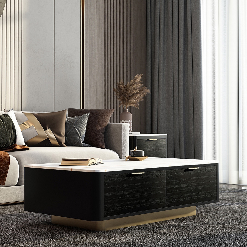 White Rectangular Coffee Table with Storage Sintered Stone 2-Drawer Accent Table window image