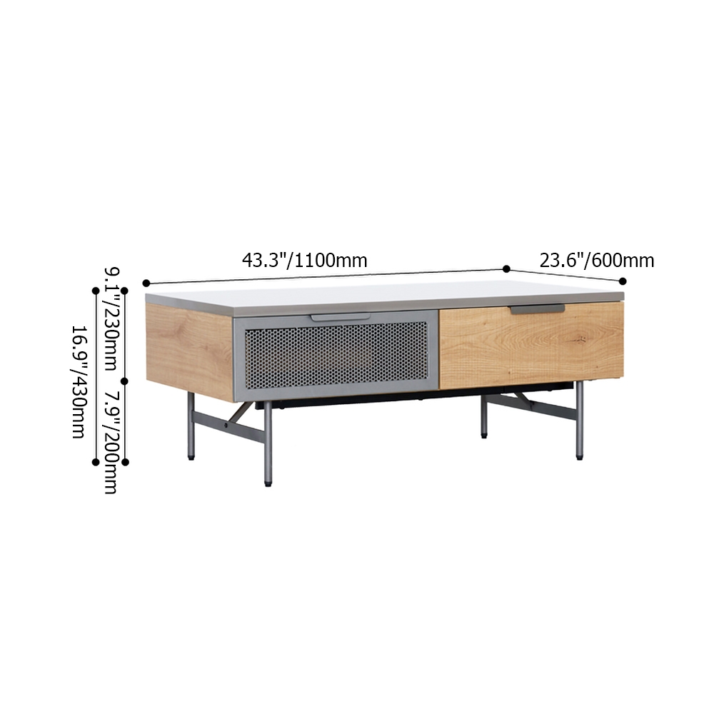 Modern Gray Coffee Table Rectangular Accent Table with 2-Drawer Metal Base window image