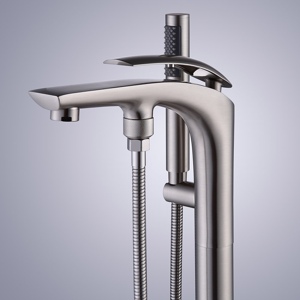 Modern Freestanding Tub Filler Faucet with Handshower Single Handle Brushed Nickel Solid Brass window image