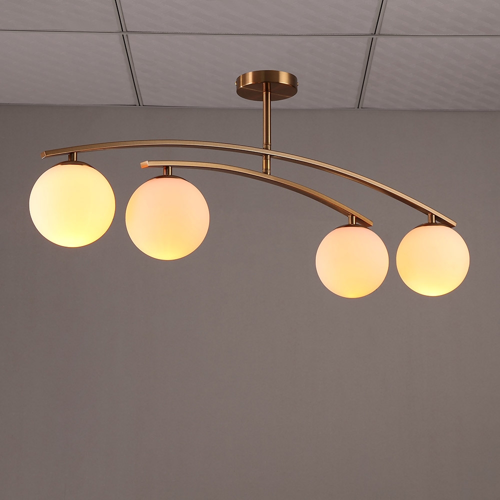 Modern 4-Light White Glass Globe Brass Metal Semi Flush Mount Ceiling Light Fixture window image