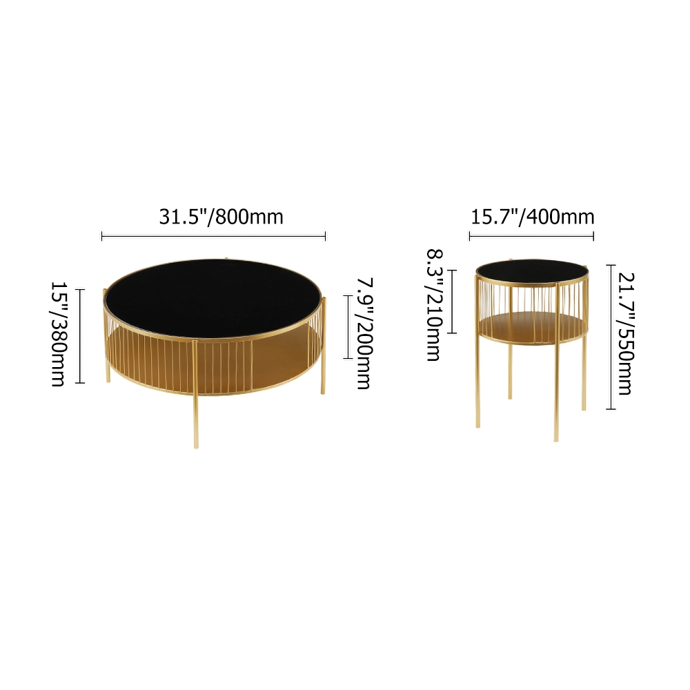 Black Round Coffee Table Set of 2 with Shelf Accent Table Metal in Gold window image