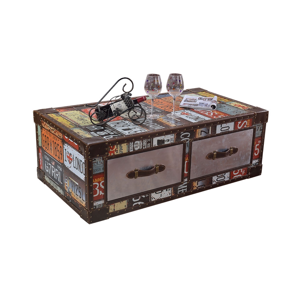 Retro Style Coffee Table with Drawers Rectangular Accent Table window image