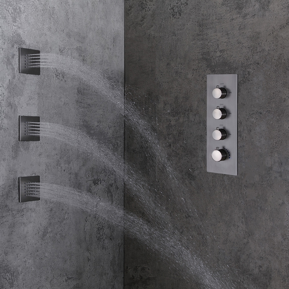 Modern Rain Thermostatic Brushed Nickel Shower Tap Flush Mount Shower System with Hand Shower & Body Jets Solid Brass window image