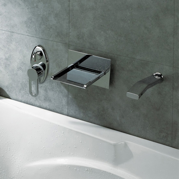 Koko Modern Polished Chrome Wall Mounted LED Waterfall Roman Tub Filler Faucet Hand Shower Set Solid Brass window image