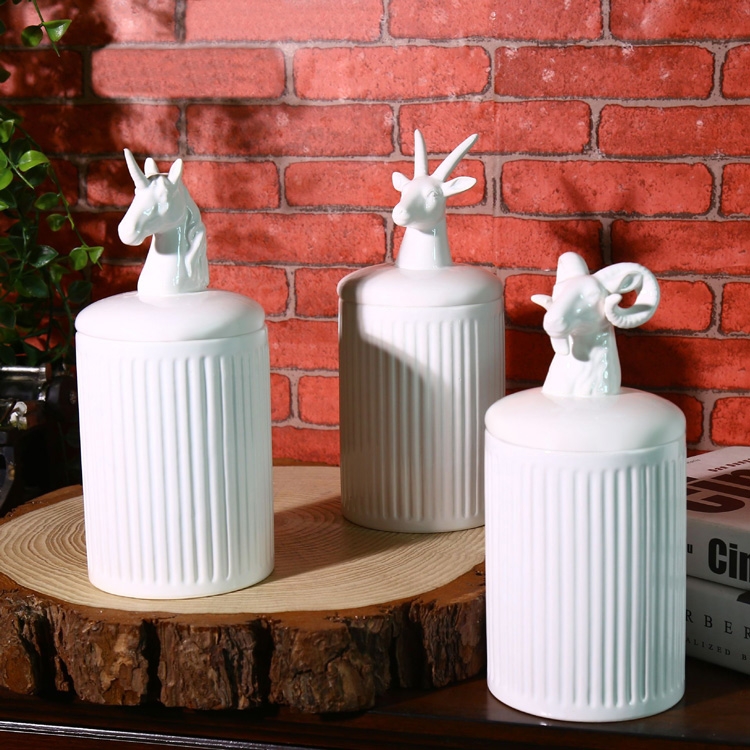 Contemporary Cylinder 4-Piece Ceramic Kitchen Storage Canister Set with Animal Lid in Ivory window image