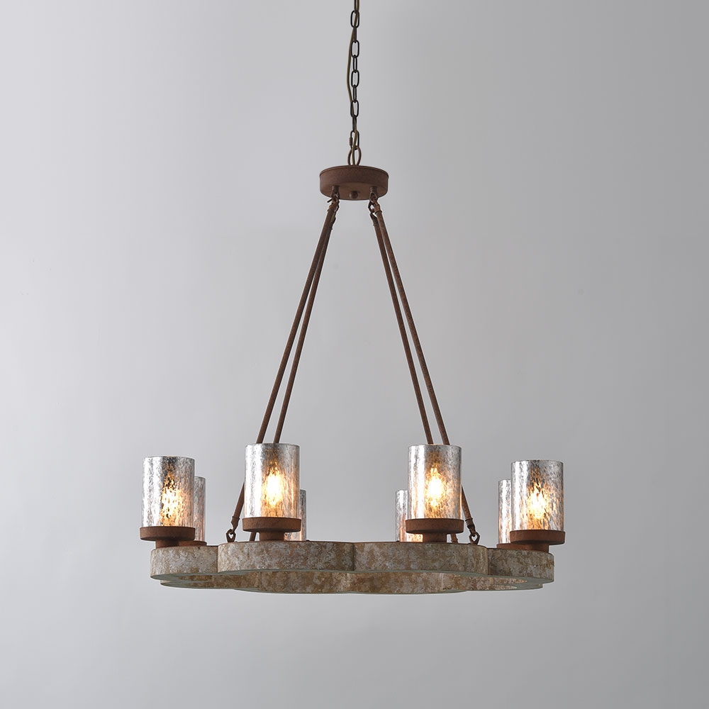 Eolic French Country Antique Mirrored Cylindrical Glass Shade Distressed Wood Frame 8-Light Chandelier Rust Metal window image