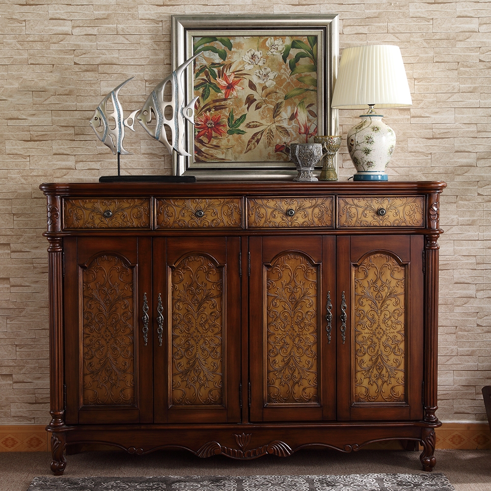 59.1" Vintage Walnut Shoe Cabinet Embossed Floral Surface with 6 Shelves and 4 Doors window image