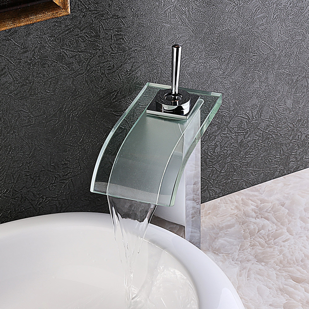 Co-crystal Single Lever Waterfall Bathroom Vessel Sink Faucet Curved Glass Spout Polished Chrome window image