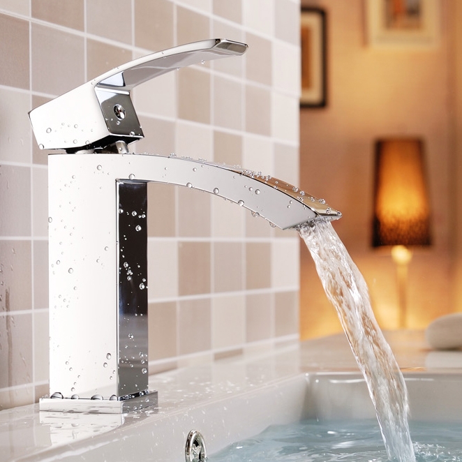 Ridge Waterfall Angled Spout Single Hole Bathroom Sink Faucet Solid Brass 1-Handle in Chrome Finish window image