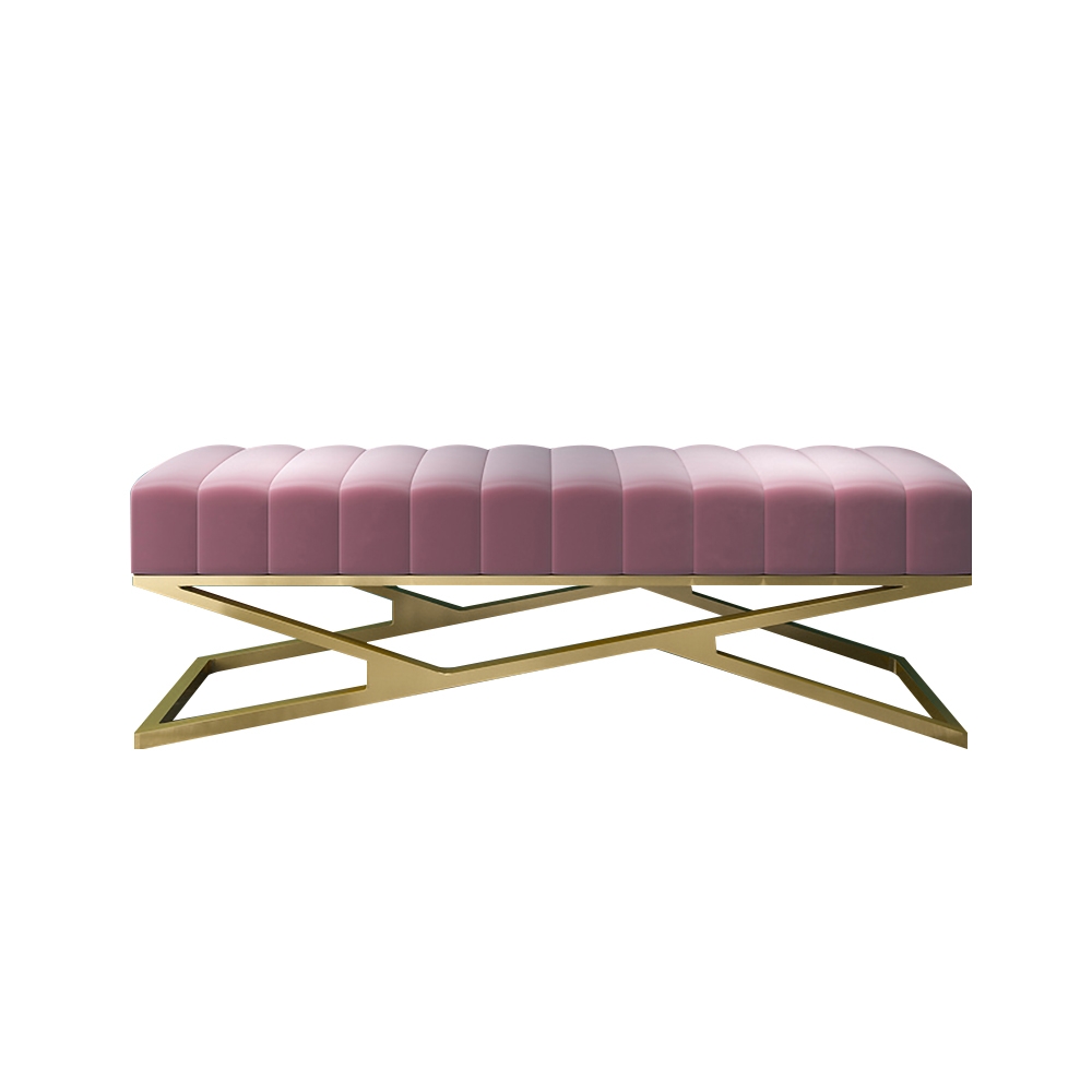 Modern Entryway Bench Pink Velvet Upholstered Ottoman Bench in Gold window image